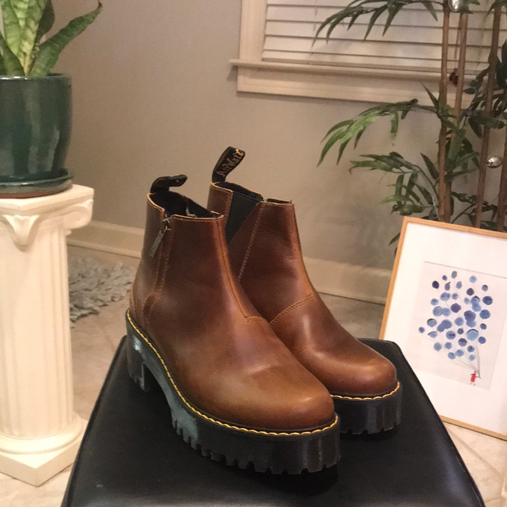 *offers welcome* Dr. Martens Rommetty II Brown Leather Platform Boots
